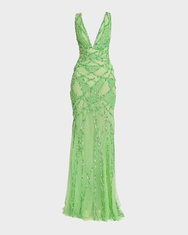 Abstract Rose Beaded Plunging Mermaid Gown